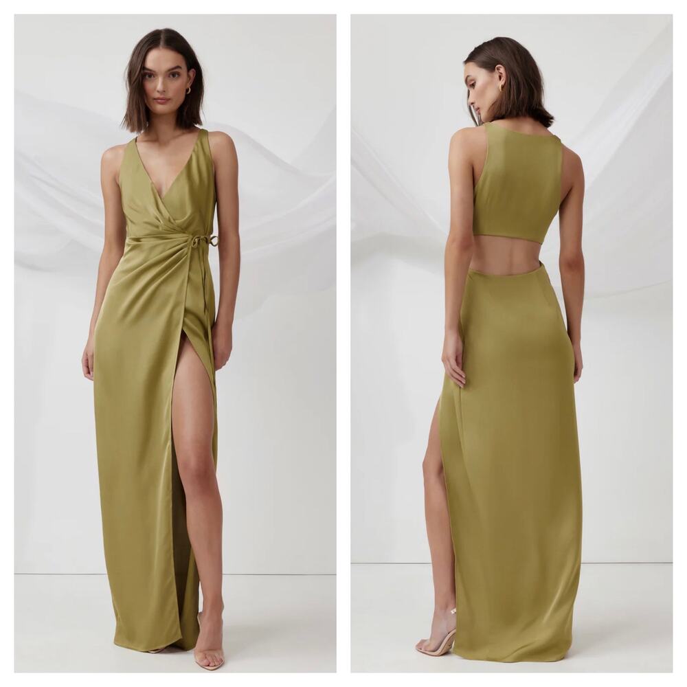 Lexi Clothing Marigold Maxi Dress Size 8 Green Satin Wrap Cut Out Back Gown